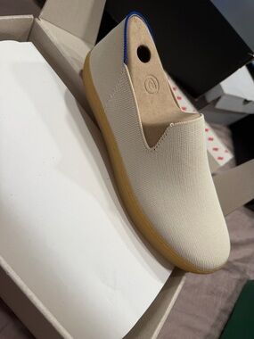 Rothy's Cream Slip-On with Blue Trim and Gum Sole